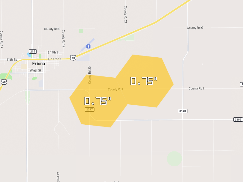 Hail map of Friona, TX on Jun 26, 2026, hail up to 0.75"