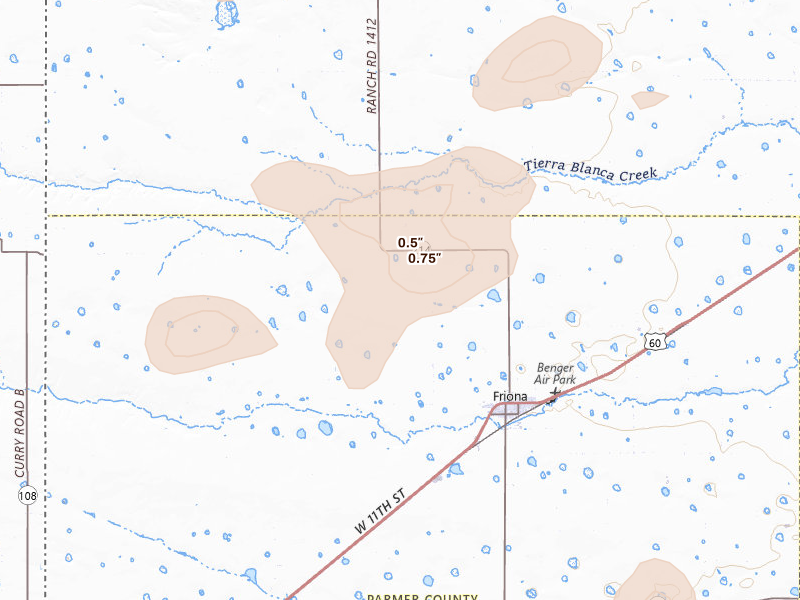 Radar-estimated hail-size map of the storm over Friona, TX on Jul 31, 2026