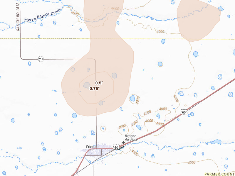 Radar-estimated hail-size map of the storm over Friona, TX on Aug 20, 2026