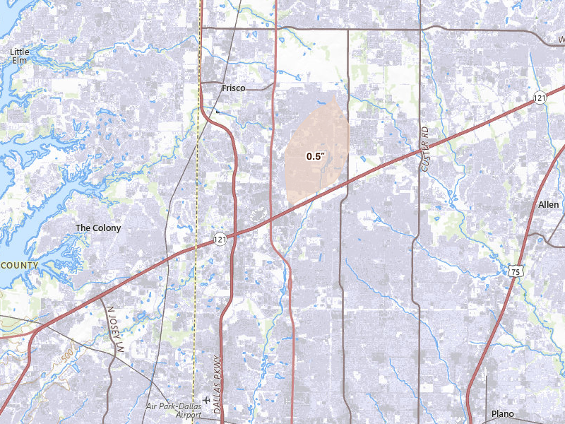 Radar-estimated hail-size map of the storm over Frisco, TX on Mar 6, 2026