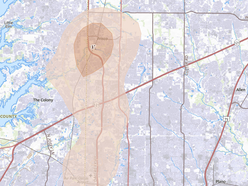 Radar-estimated hail-size map of the storm over Frisco, TX on Jun 2, 2026