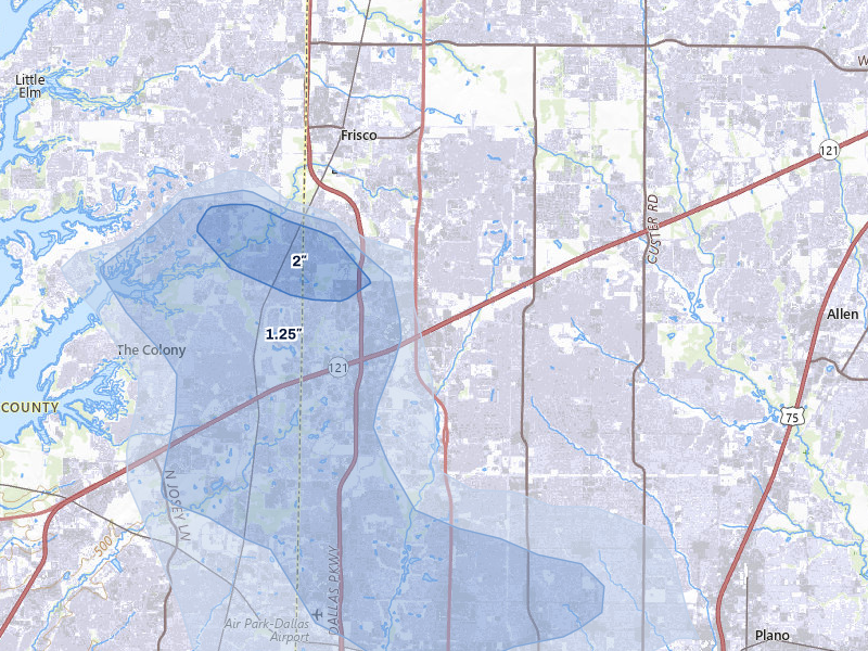 NEXRAD radar-signature map of the hail over Frisco, TX