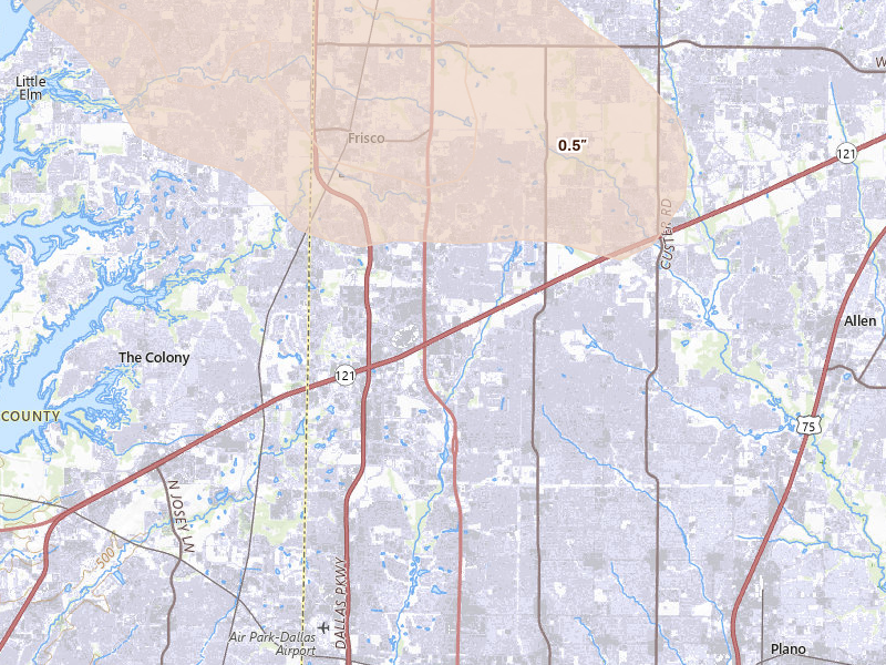 Radar-estimated hail-size map of the storm over Frisco, TX on Jun 18, 2026