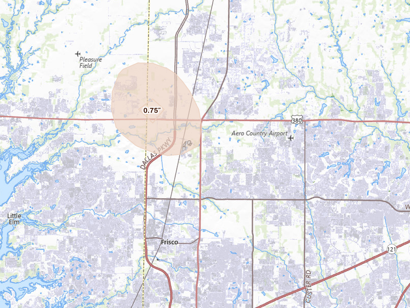 Radar-estimated hail-size map of the storm over Frisco, TX on Aug 7, 2026