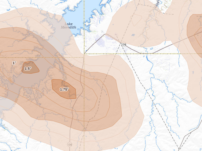 Radar-estimated hail-size map of the storm over Fritch, TX on Jul 4, 2026