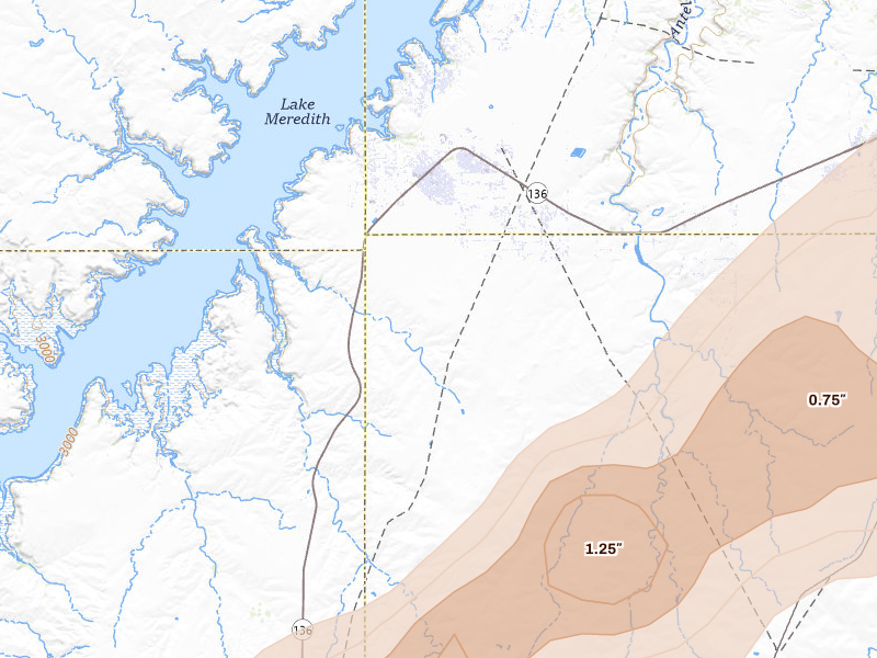 Radar-estimated hail-size map of the storm over Fritch, TX on Jul 5, 2026