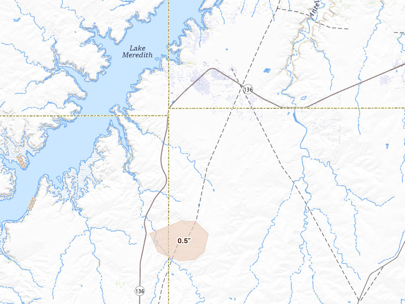 Radar-estimated hail-size map of the storm over Fritch, TX on Aug 21, 2026