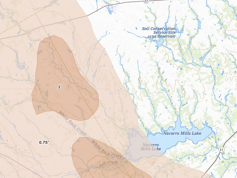 Radar-estimated hail-size map of the storm over Frost, TX on Apr 28, 2026