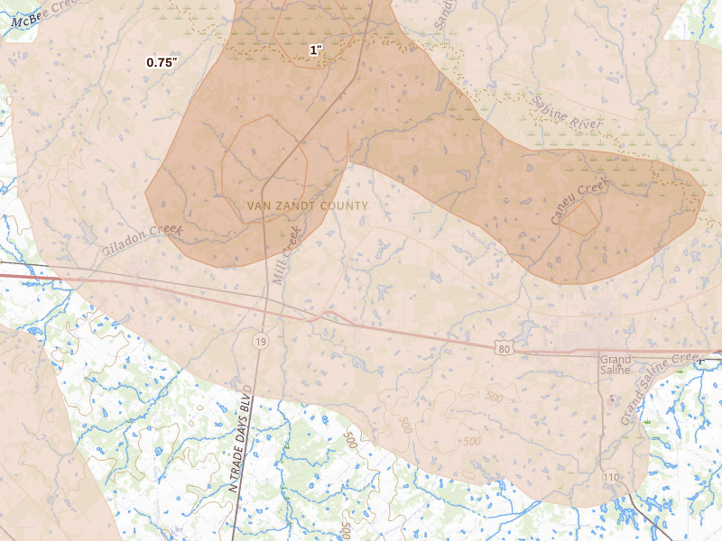 Radar-estimated hail-size map of the storm over Fruitvale, TX on Apr 24, 2026