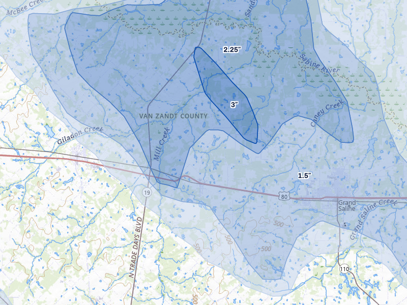 NEXRAD radar-signature map of the hail storm over Fruitvale, TX on Apr 24, 2026