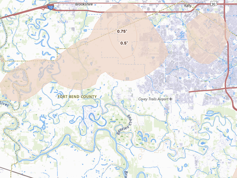 Radar-estimated hail-size map of the storm over Fulshear, TX on Jun 2, 2026