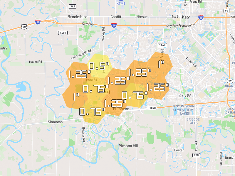 Hail map of Fulshear, TX on Jun 2, 2026, hail up to 1.25"