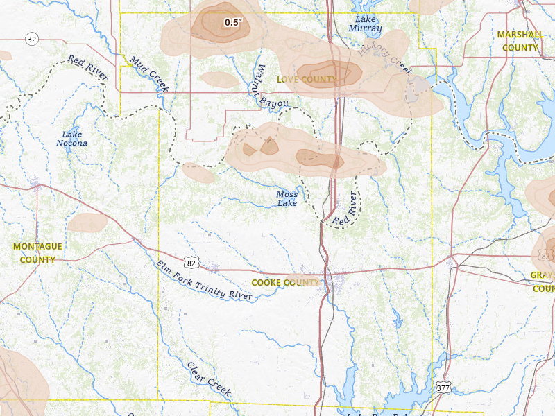 Radar-estimated hail-size map of the storm over Gainesville, TX on Apr 25, 2026