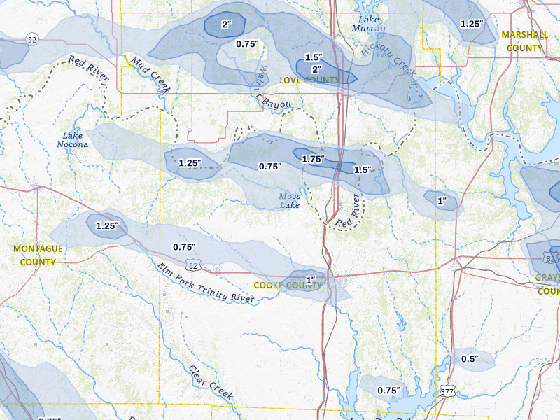 NEXRAD radar-signature map of the hail over Gainesville, TX