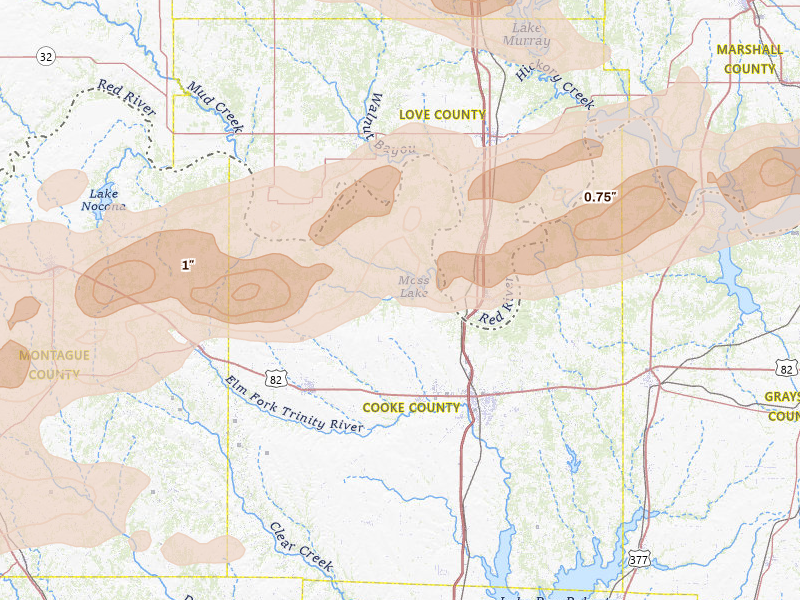 Radar-estimated hail-size map of the storm over Gainesville, TX on Apr 28, 2026