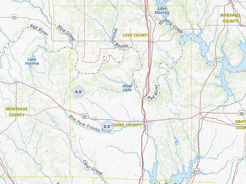NEXRAD radar-signature map of the hail storm over Gainesville, TX on May 10, 2026