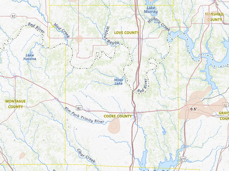 Radar-estimated hail-size map of the storm over Gainesville, TX on Jun 6, 2026
