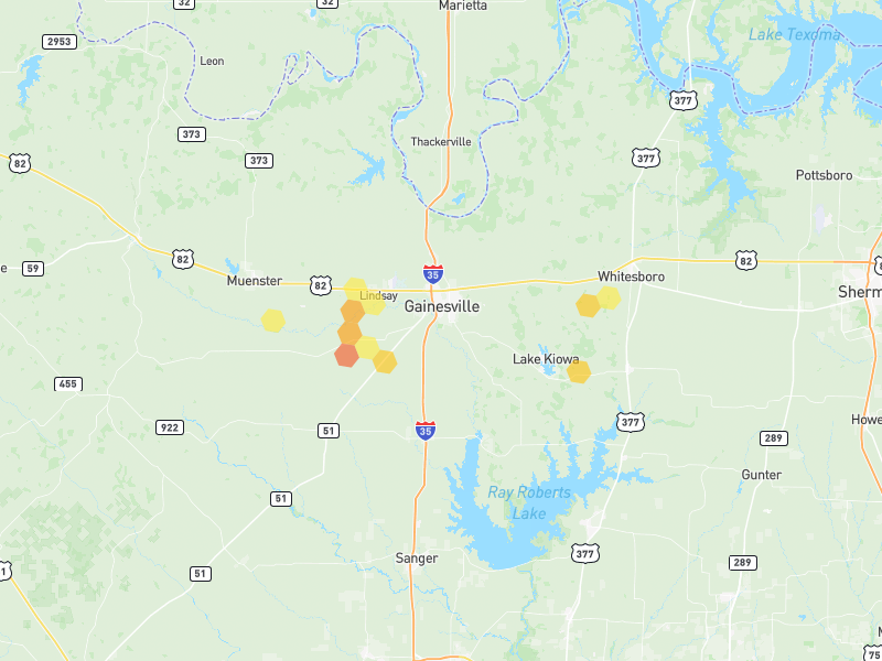 Hail map of Gainesville, TX on Jun 6, 2026, hail up to 1.5"