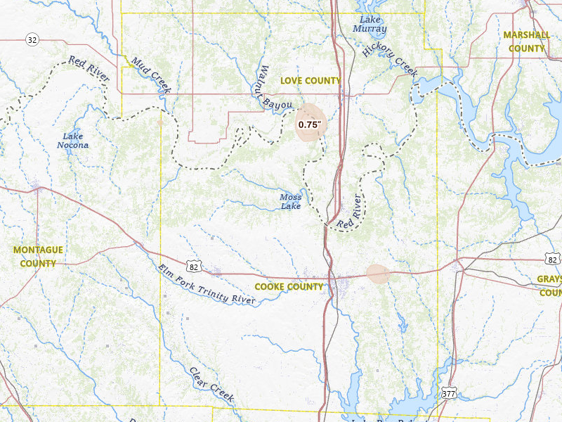 Radar-estimated hail-size map of the storm over Gainesville, TX on Jul 12, 2026