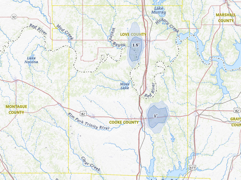 NEXRAD radar-signature map of the hail storm over Gainesville, TX on Jul 12, 2026