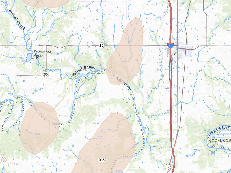 Radar-estimated hail-size map of the storm over Gainesville, TX