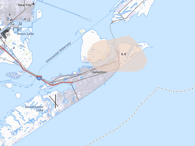 Radar-estimated hail-size map of the storm over Galveston, TX on Mar 8, 2026