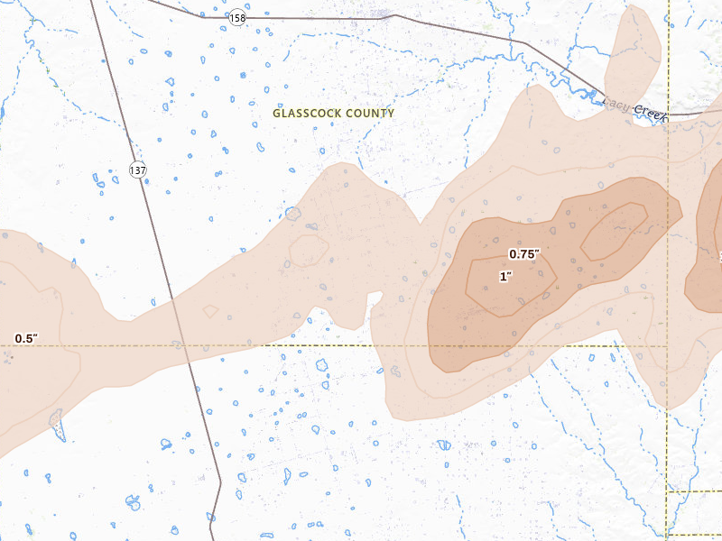 Radar-estimated hail-size map of the storm over Garden City, TX on Mar 6, 2026