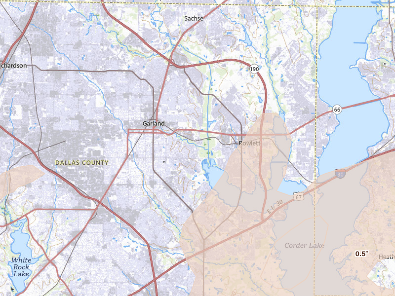 Radar-estimated hail-size map of the storm over Garland, TX on Mar 4, 2026