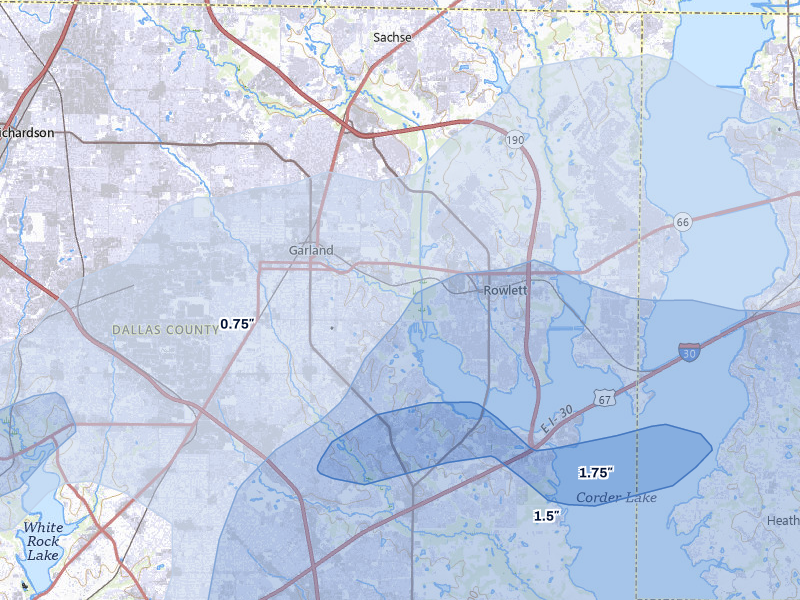 NEXRAD radar-signature map of the hail storm over Garland, TX on Mar 4, 2026