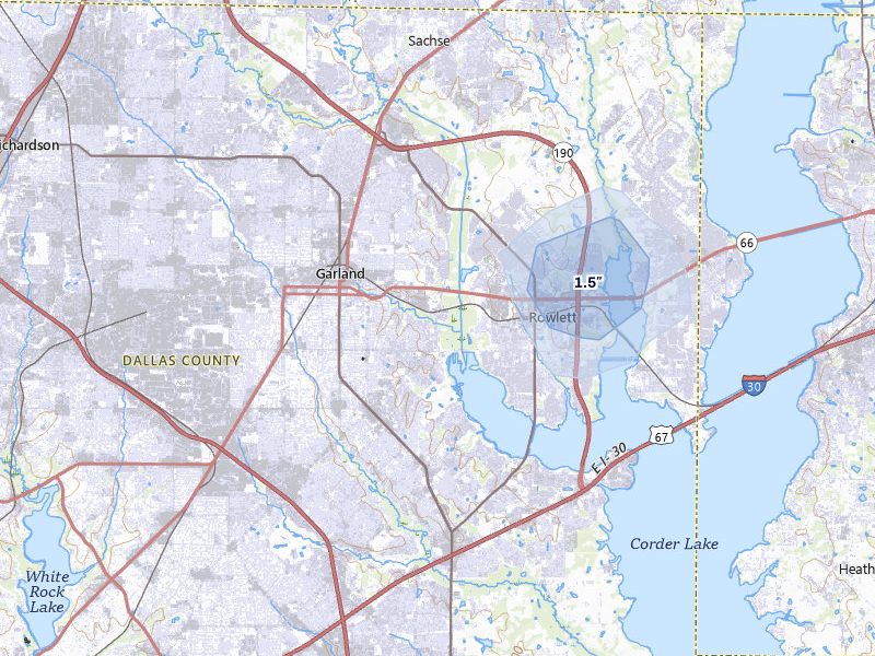 NEXRAD radar-signature map of the hail over Garland, TX