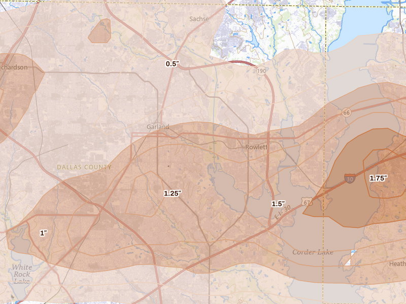 Radar-estimated hail-size map of the storm over Garland, TX on Apr 27, 2026