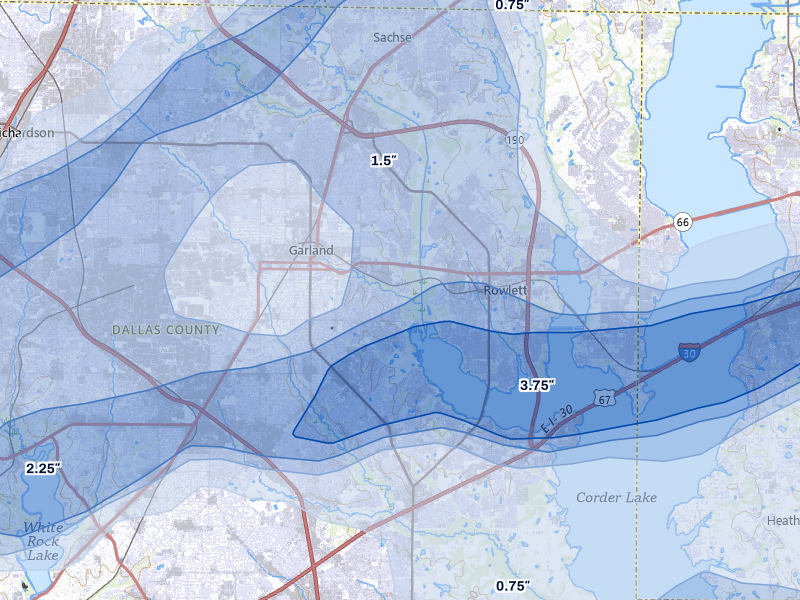 NEXRAD radar-signature map of the hail over Garland, TX