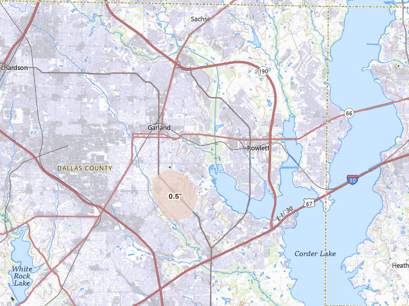 Radar-estimated hail-size map of the storm over Garland, TX on Jul 5, 2026