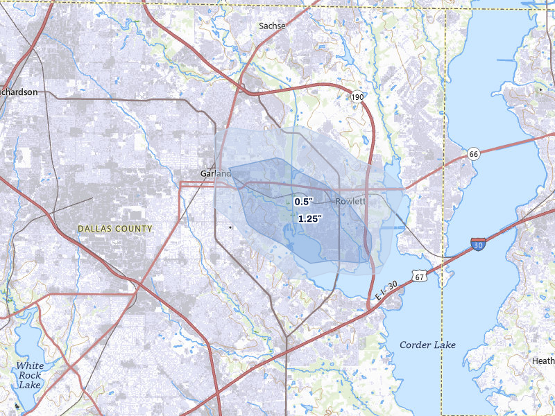 NEXRAD radar-signature map of the hail storm over Garland, TX on Jul 5, 2026