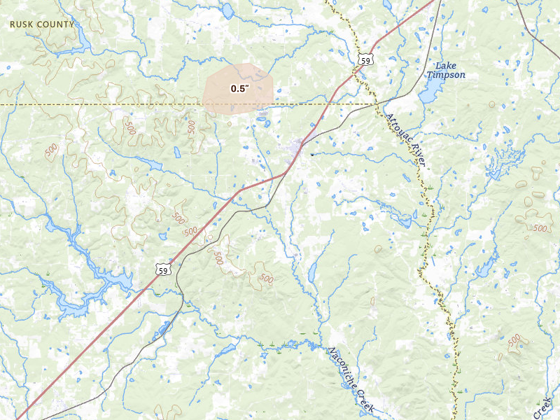 Radar-estimated hail-size map of the storm over Garrison, TX on Apr 10, 2026