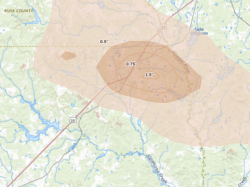 Radar-estimated hail-size map of the storm over Garrison, TX on Apr 24, 2026