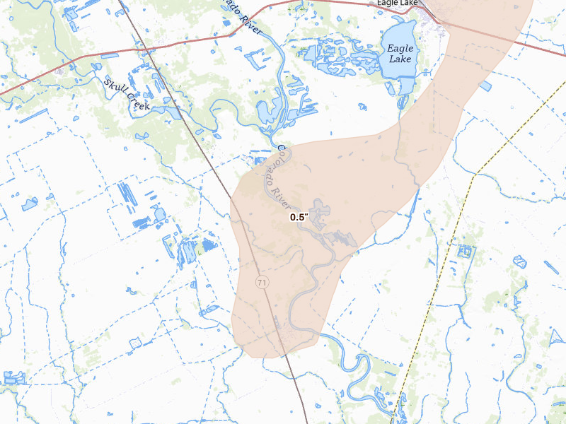 Radar-estimated hail-size map of the storm over Garwood, TX on Aug 28, 2026