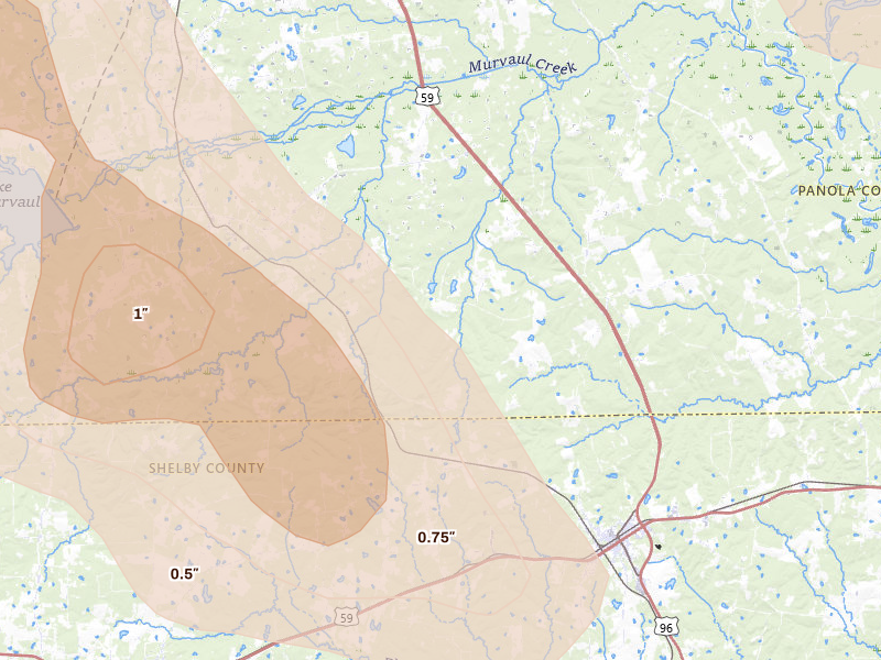 Radar-estimated hail-size map of the storm over Gary, TX on Apr 24, 2026