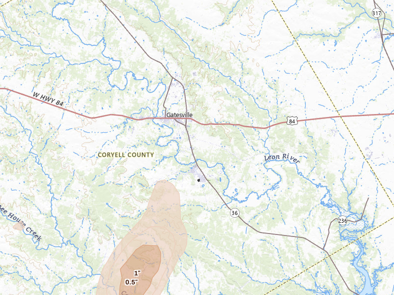 Radar-estimated hail-size map of the storm over Gatesville, TX on Apr 12, 2026