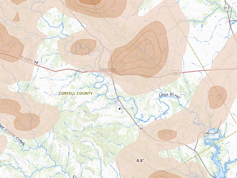 Radar-estimated hail-size map of the storm over Gatesville, TX on May 10, 2026