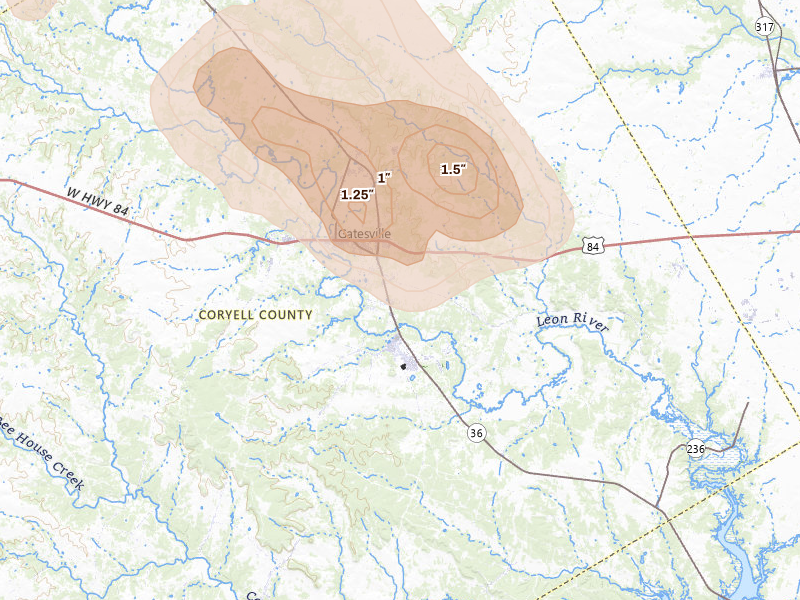 Radar-estimated hail-size map of the storm over Gatesville, TX