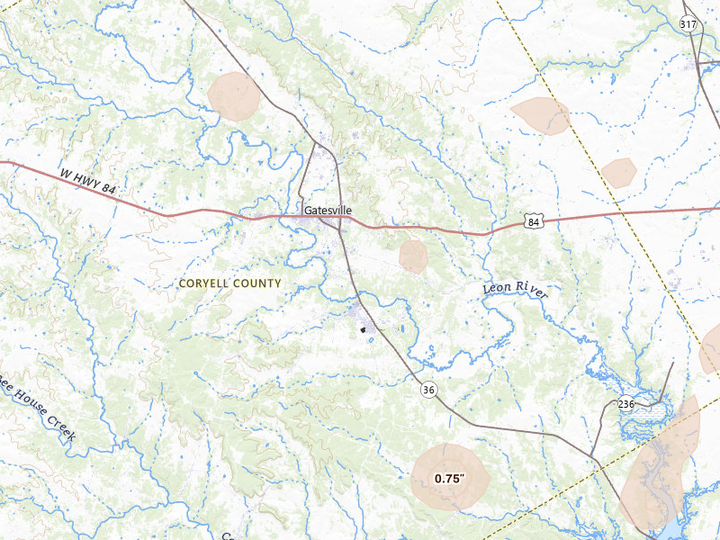 Radar-estimated hail-size map of the storm over Gatesville, TX on Jun 2, 2026