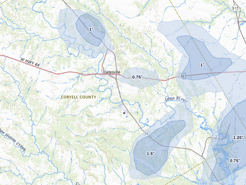 NEXRAD radar-signature map of the hail over Gatesville, TX