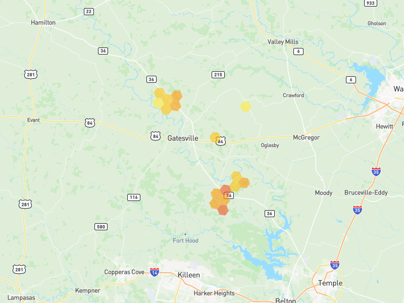 Hail map of Gatesville, TX on Jun 2, 2026, hail up to 1.5"