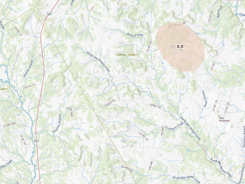 Radar-estimated hail-size map of the storm over Gatesville, TX