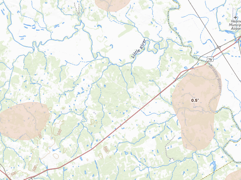 Radar-estimated hail-size map of the storm over Gause, TX on Jun 2, 2026