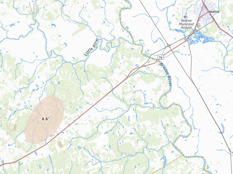 Radar-estimated hail-size map of the storm over Gause, TX on Aug 27, 2026