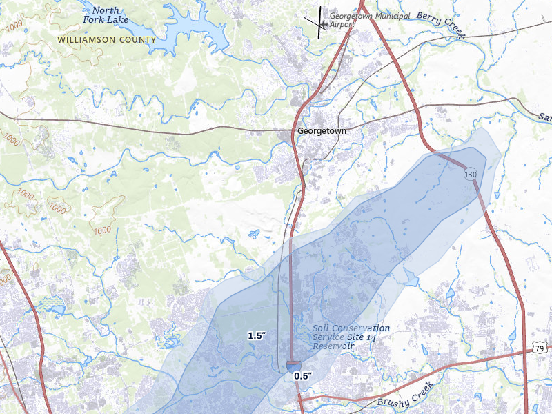 NEXRAD radar-signature map of the hail over Georgetown, TX