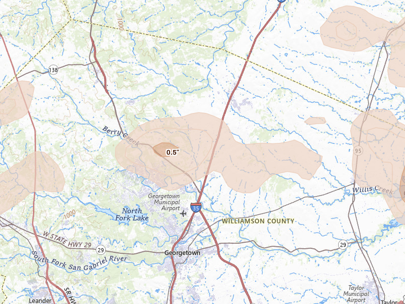 Radar-estimated hail-size map of the storm over Georgetown, TX on May 10, 2026