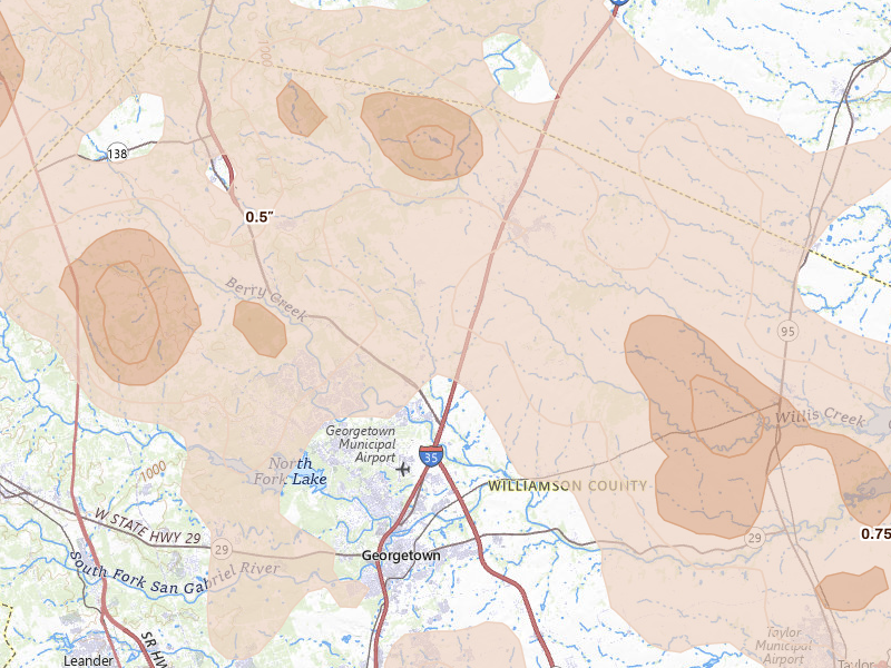 Radar-estimated hail-size map of the storm over Georgetown, TX on May 19, 2026
